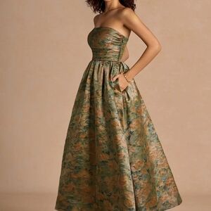 Azazie Strapless Floral Midi Dress in Green and Tan